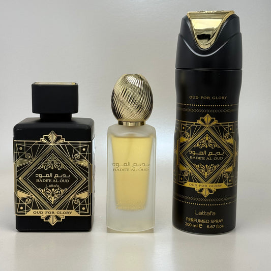Lattafa Bade’e Al Oud Oud For Glory Estuche Eau de Parfum + Hair Mist + Perfumed Spray