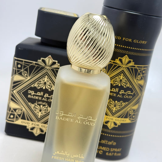 Lattafa Bade’e Al Oud Oud For Glory Estuche Eau de Parfum + Hair Mist + Perfumed Spray